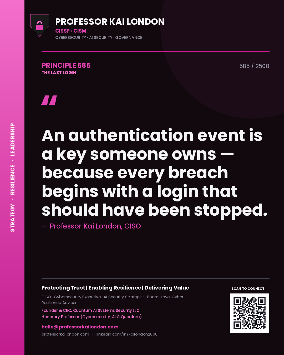 Professor Kai London principle 585: An authentication event is a key someone owns — because every breach begins with a login that should have been stopped.