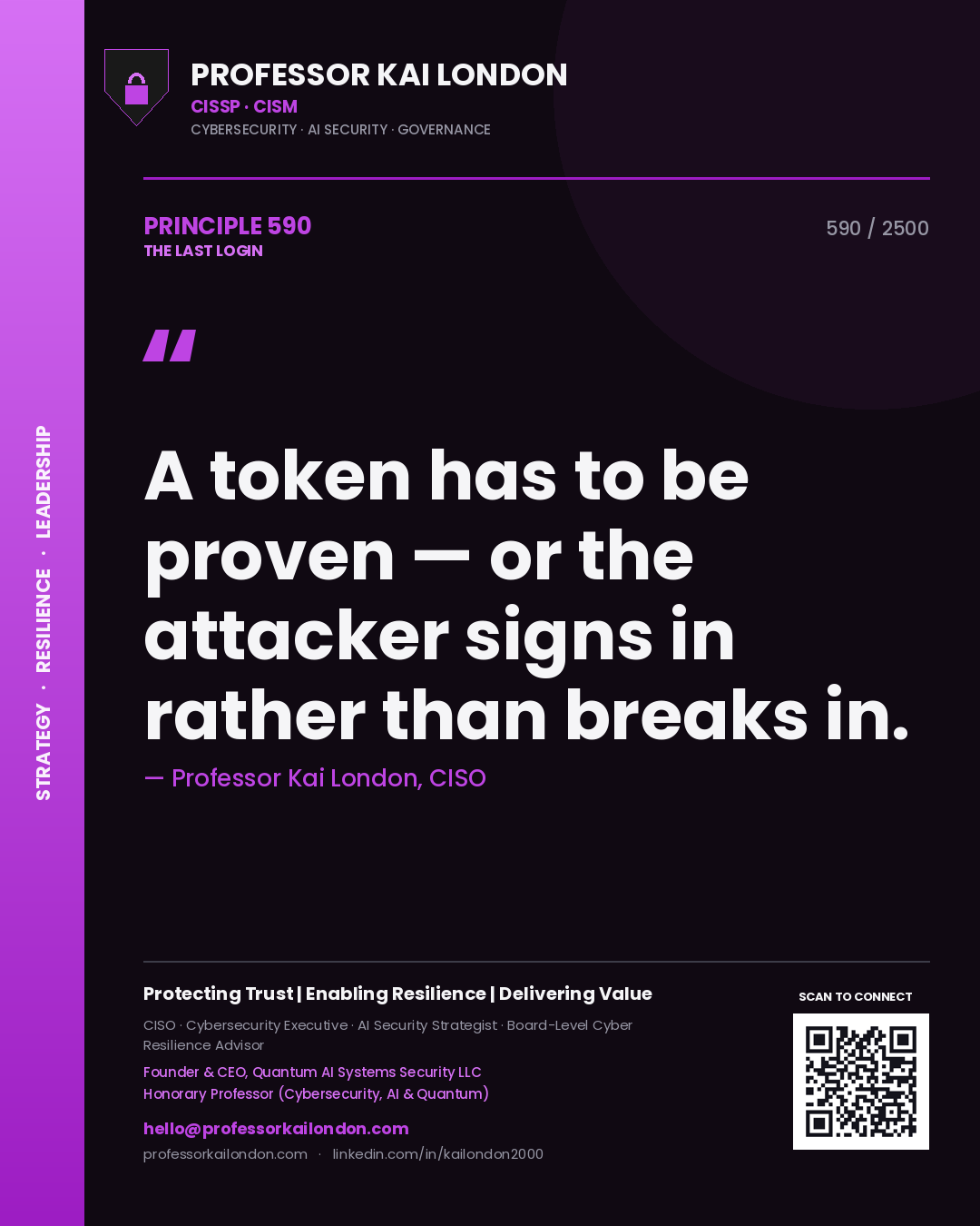 Professor Kai London principle 590: A token has to be proven — or the attacker signs in rather than breaks in.