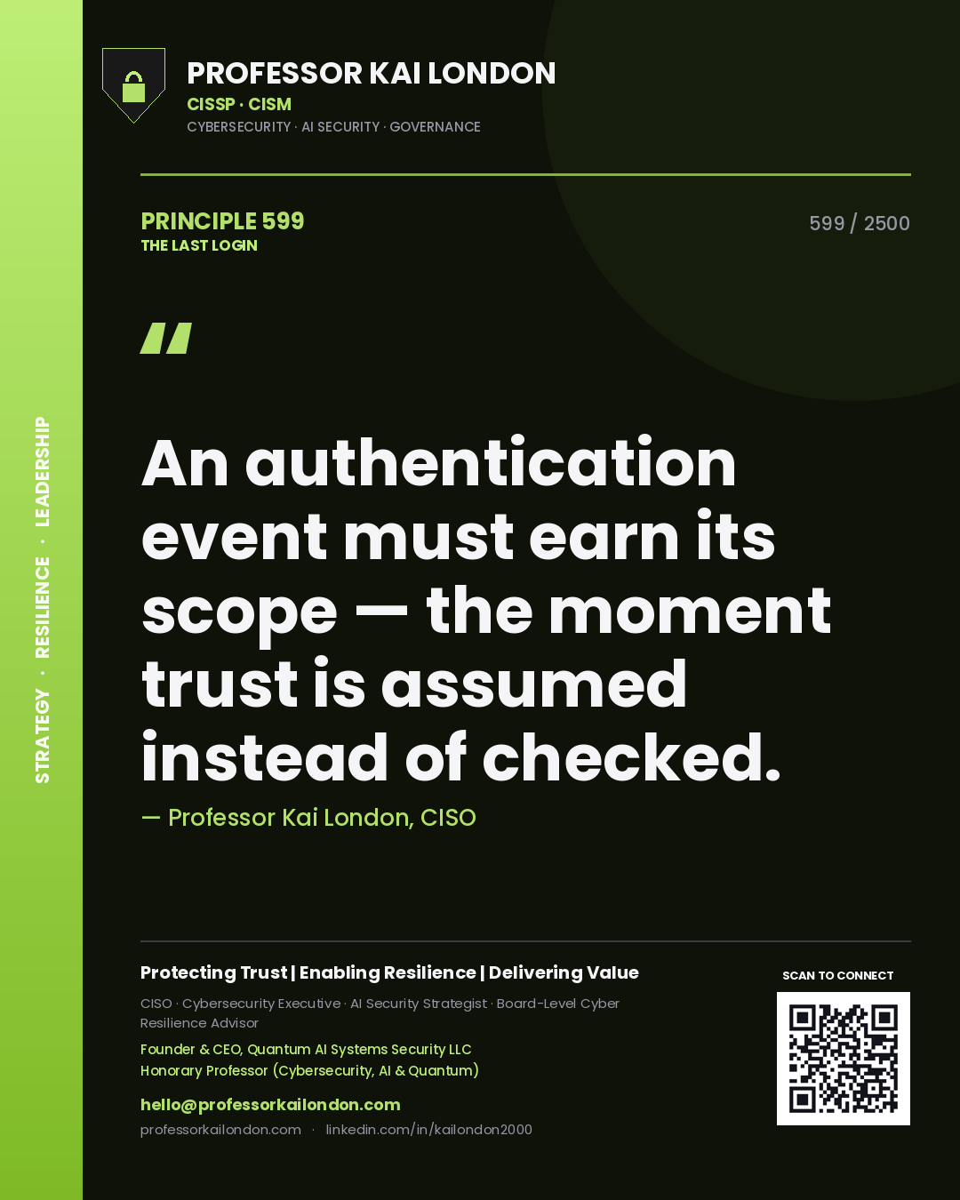 Professor Kai London principle 599: An authentication event must earn its scope — the moment trust is assumed instead of checked.