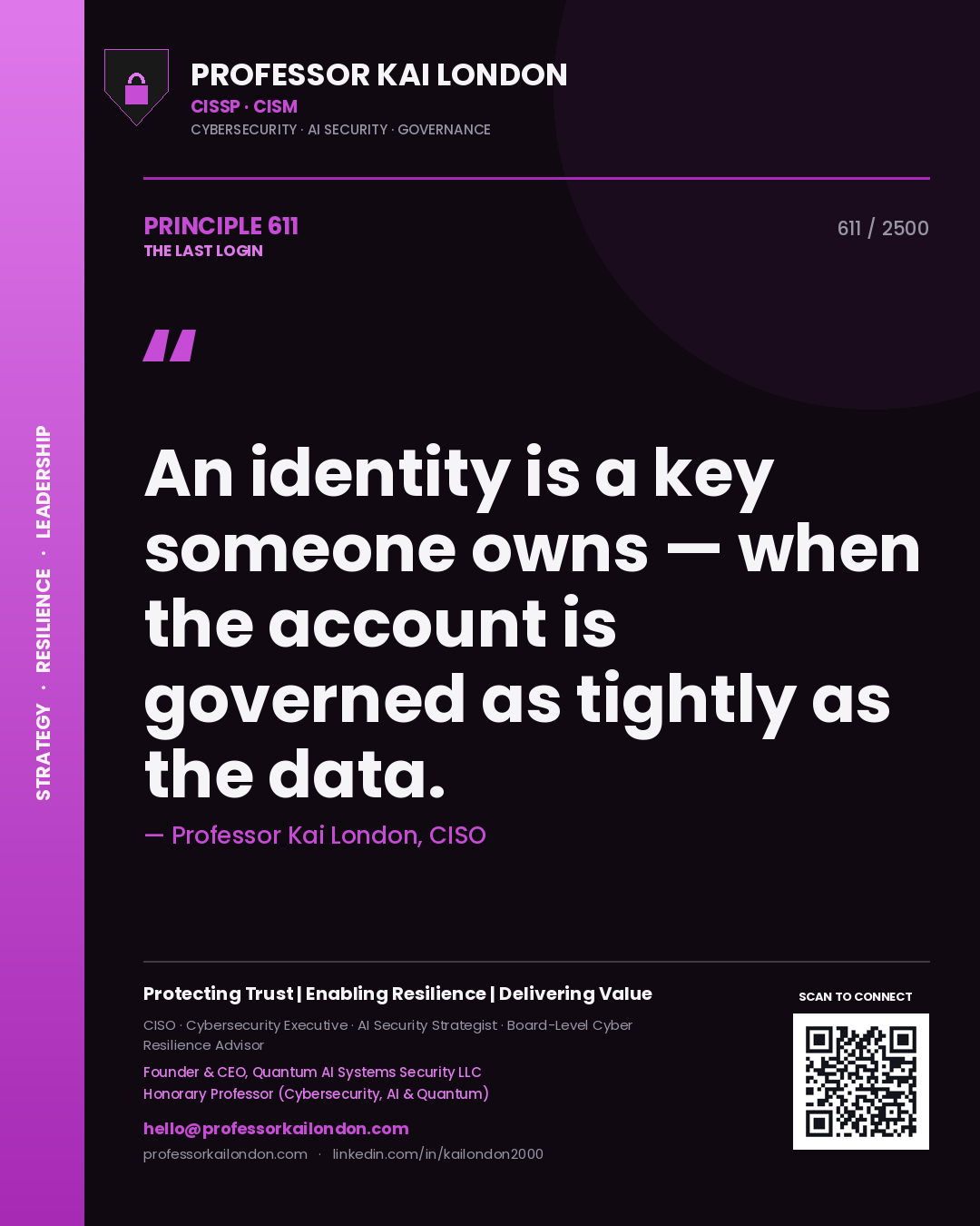 Professor Kai London principle 611: An identity is a key someone owns — when the account is governed as tightly as the data.