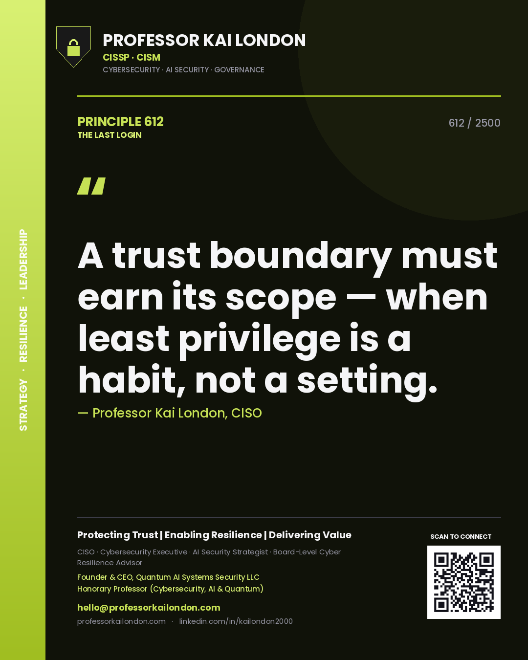 Professor Kai London principle 612: A trust boundary must earn its scope — when least privilege is a habit, not a setting.