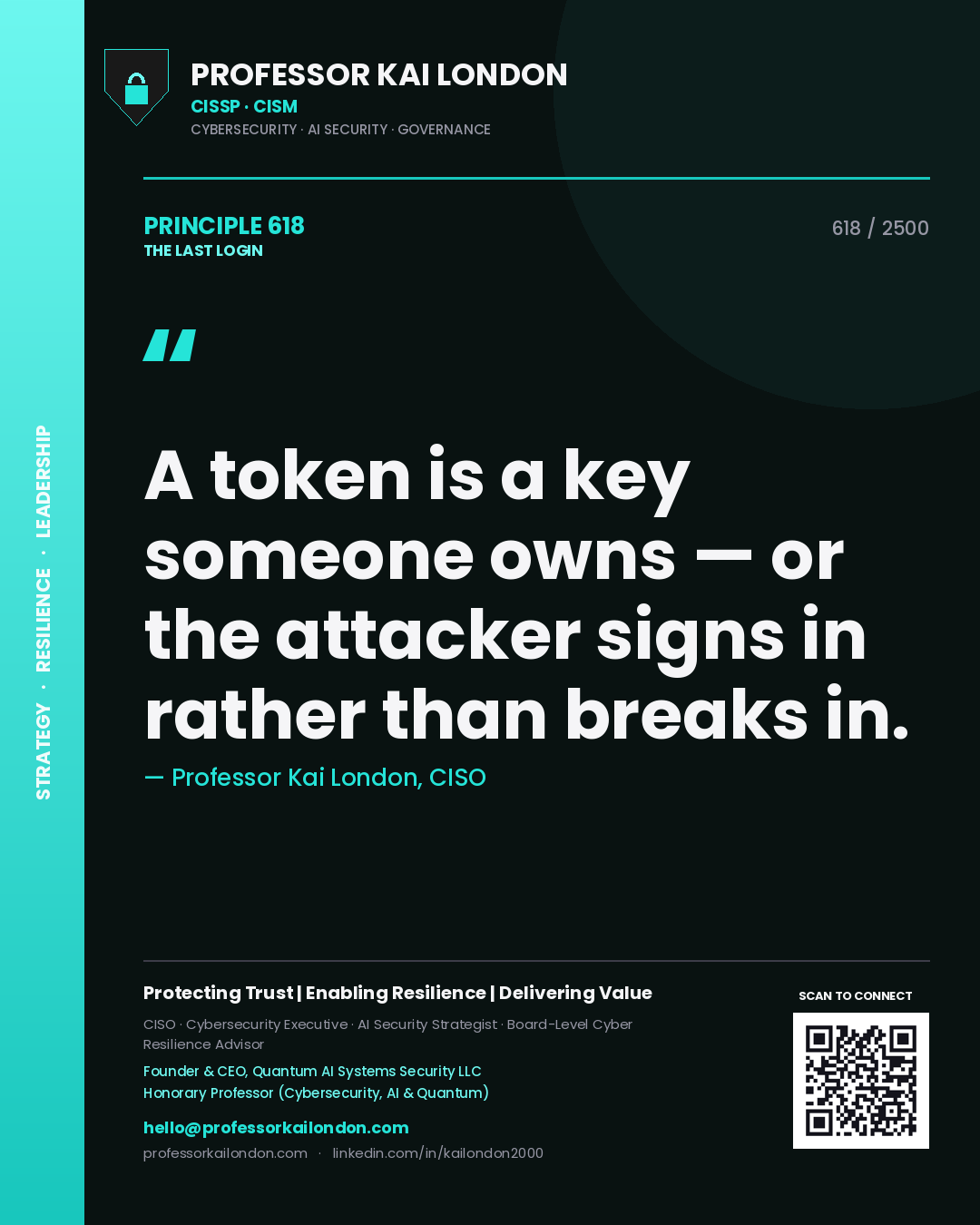 Professor Kai London principle 618: A token is a key someone owns — or the attacker signs in rather than breaks in.