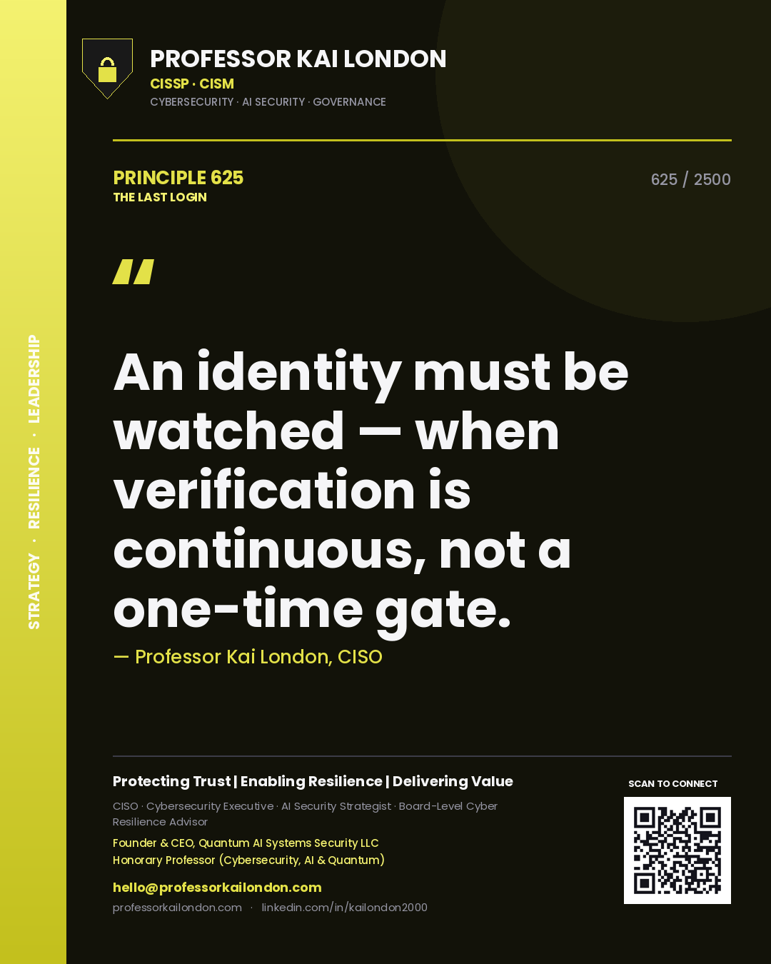 Professor Kai London principle 625: An identity must be watched — when verification is continuous, not a one-time gate.
