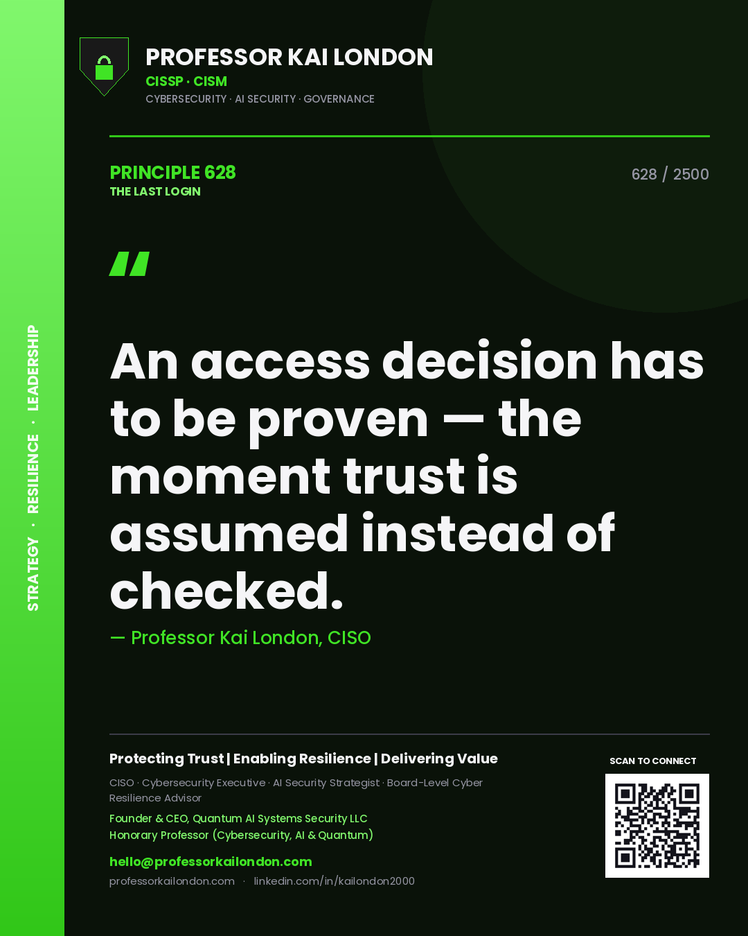 Professor Kai London principle 628: An access decision has to be proven — the moment trust is assumed instead of checked.