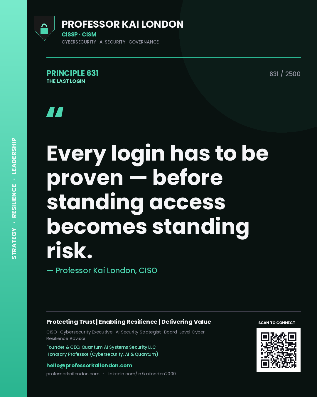 Professor Kai London principle 631: Every login has to be proven — before standing access becomes standing risk.