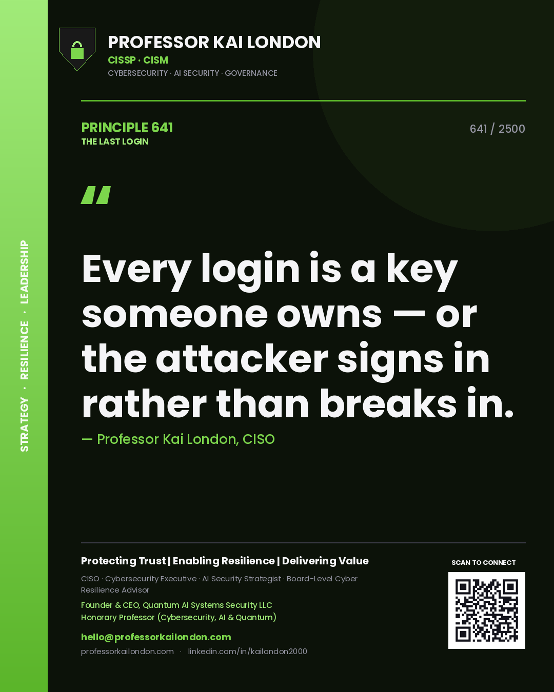 Professor Kai London principle 641: Every login is a key someone owns — or the attacker signs in rather than breaks in.