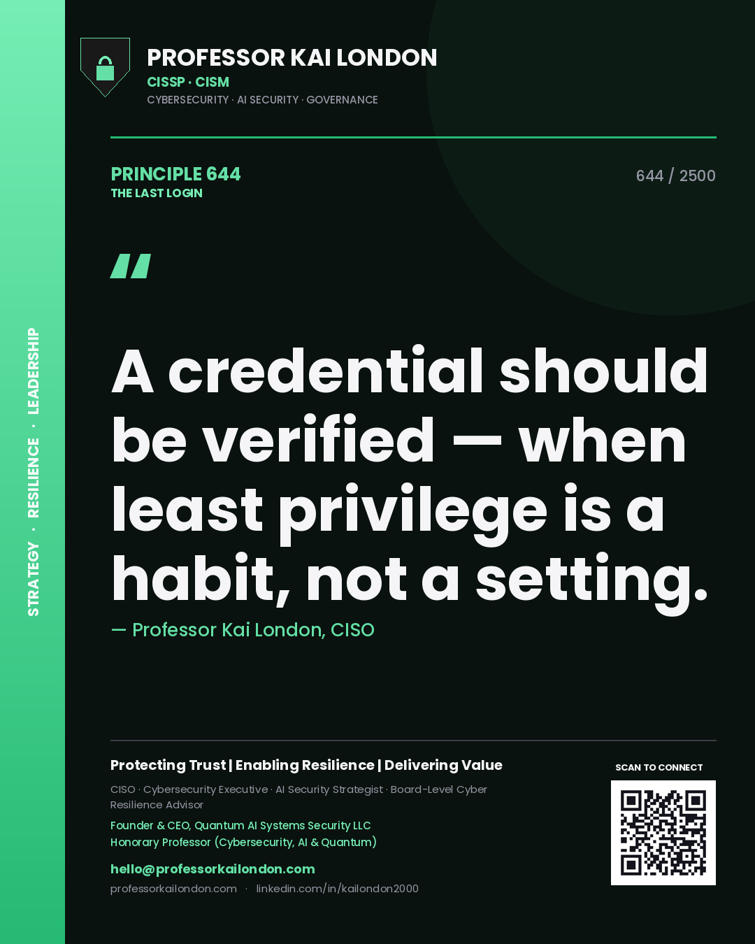 Professor Kai London principle 644: A credential should be verified — when least privilege is a habit, not a setting.