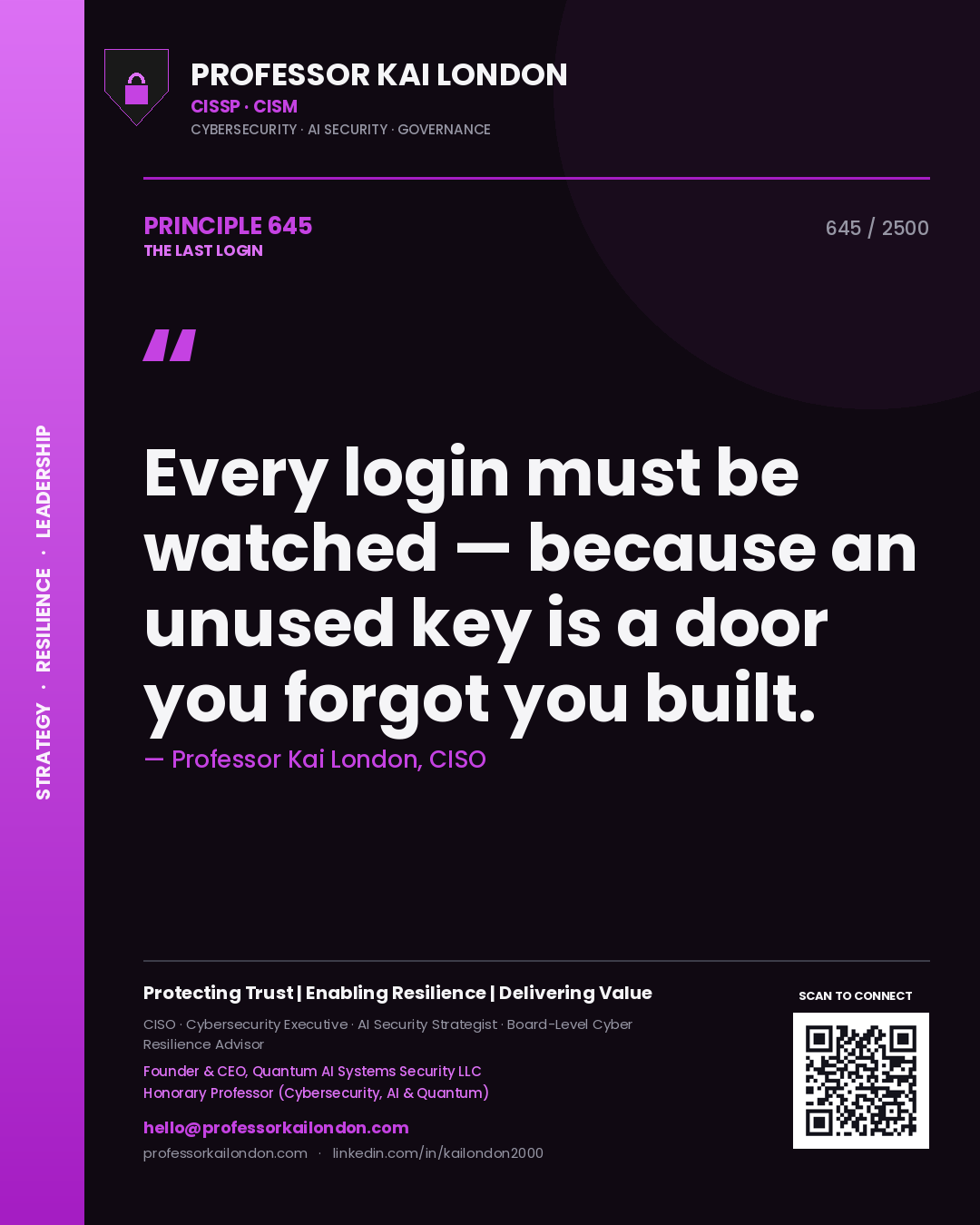 Professor Kai London principle 645: Every login must be watched — because an unused key is a door you forgot you built.