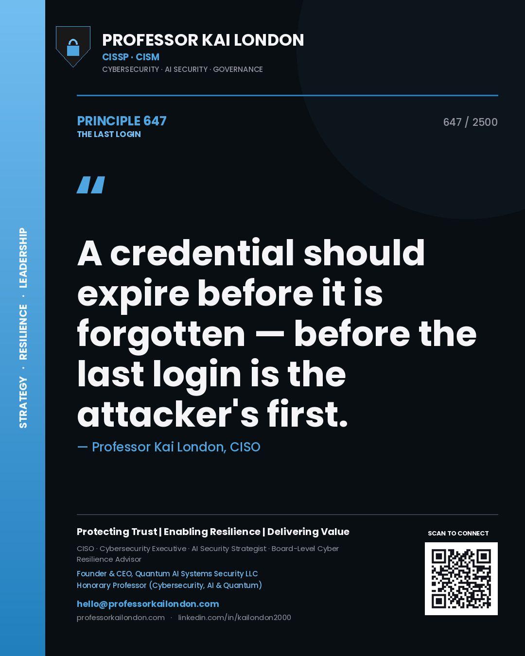 Professor Kai London principle 647: A credential should expire before it is forgotten — before the last login is the attacker's first.