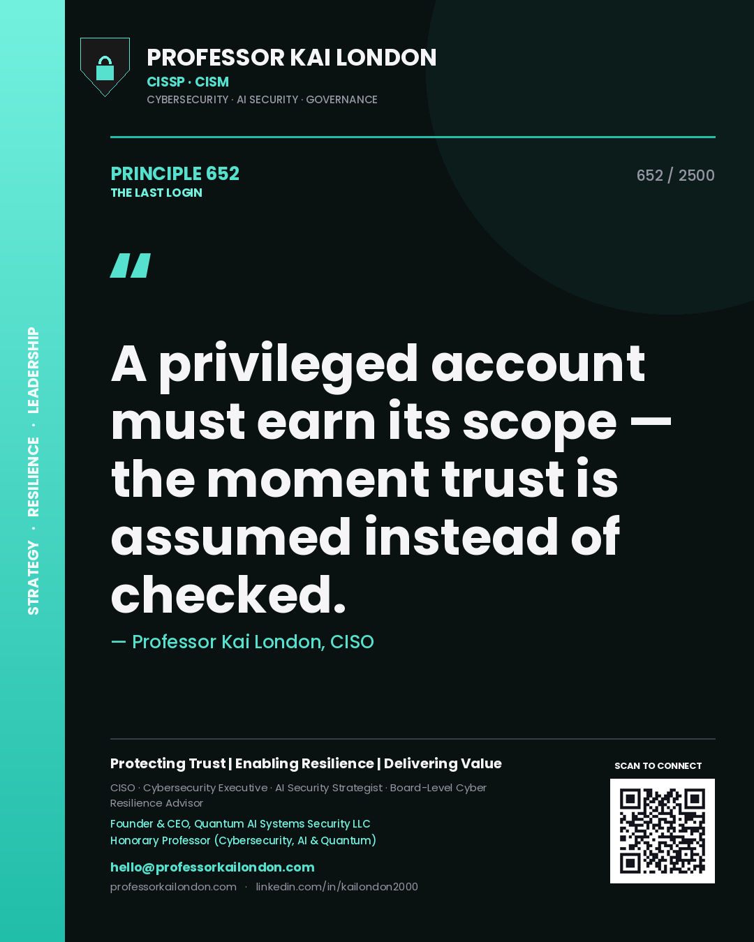 Professor Kai London principle 652: A privileged account must earn its scope — the moment trust is assumed instead of checked.