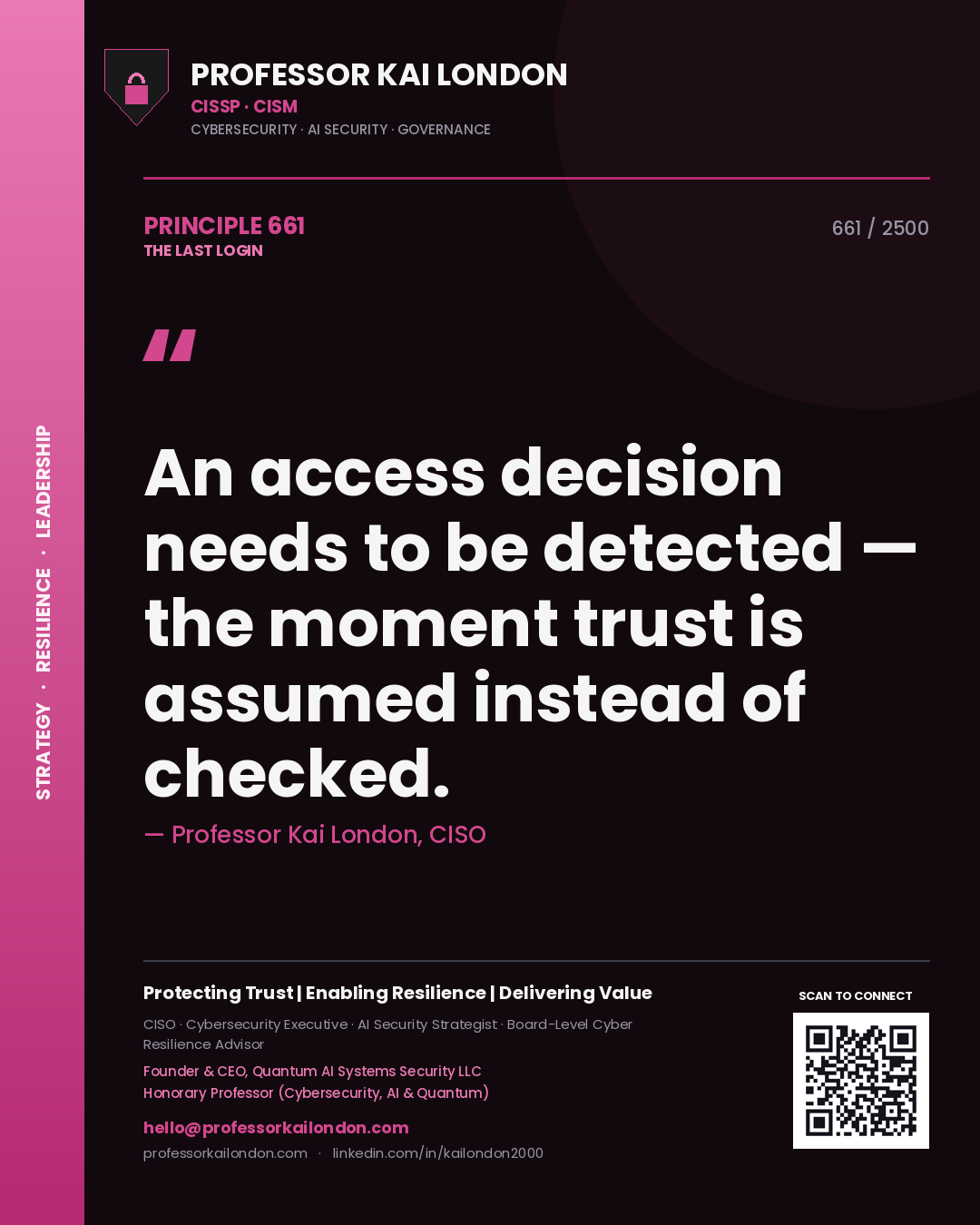 Professor Kai London principle 661: An access decision needs to be detected — the moment trust is assumed instead of checked.