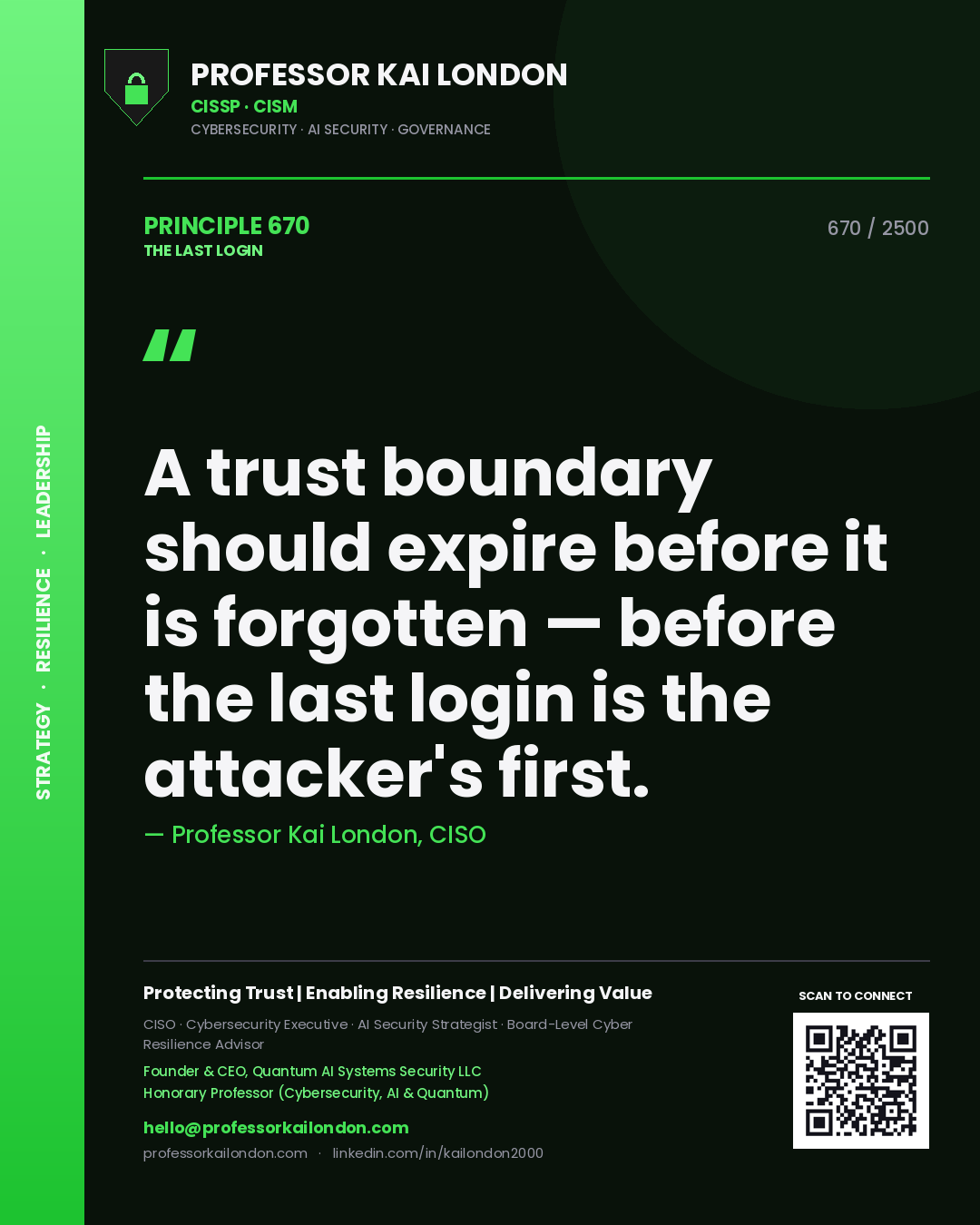 Professor Kai London principle 670: A trust boundary should expire before it is forgotten — before the last login is the attacker's first.
