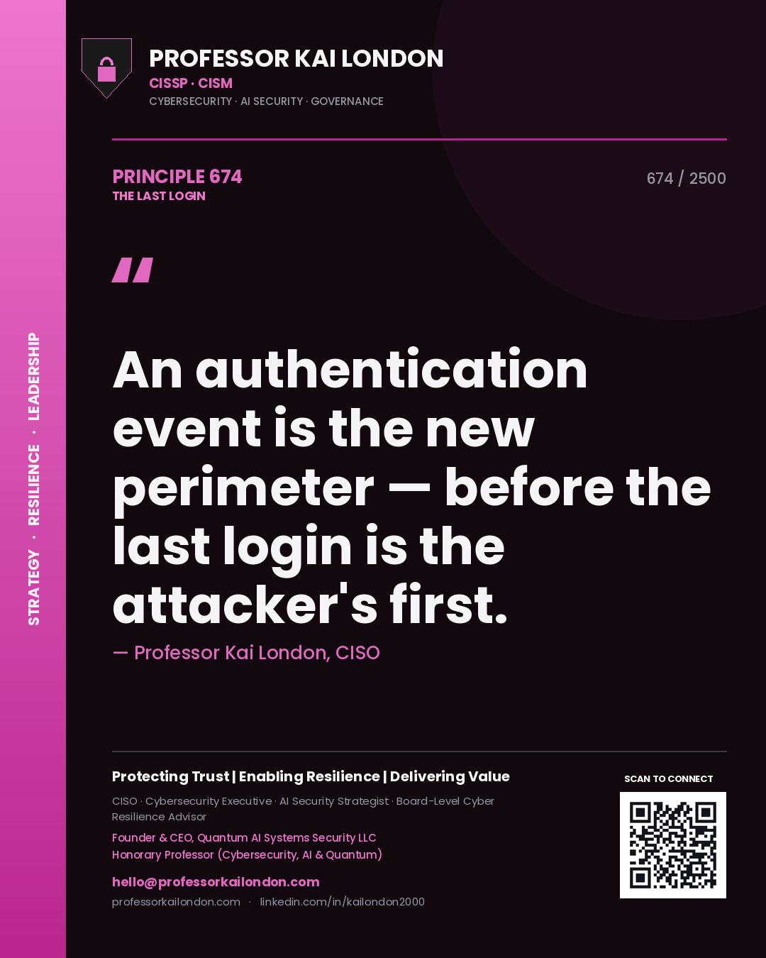 Professor Kai London principle 674: An authentication event is the new perimeter — before the last login is the attacker's first.