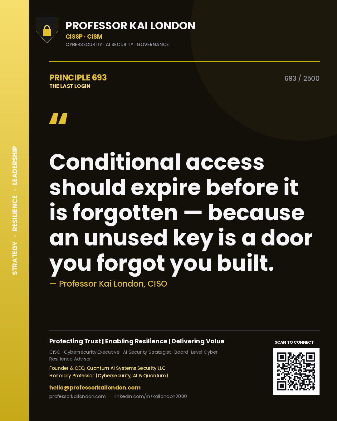 Professor Kai London principle 693: Conditional access should expire before it is forgotten — because an unused key is a door you forgot you built.