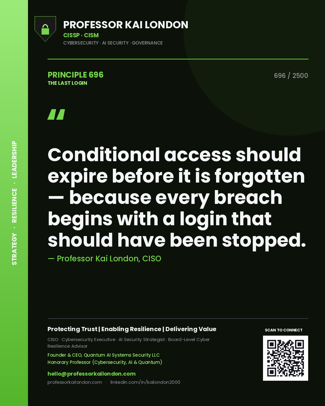 Professor Kai London principle 696: Conditional access should expire before it is forgotten — because every breach begins with a login that should have been stopped.