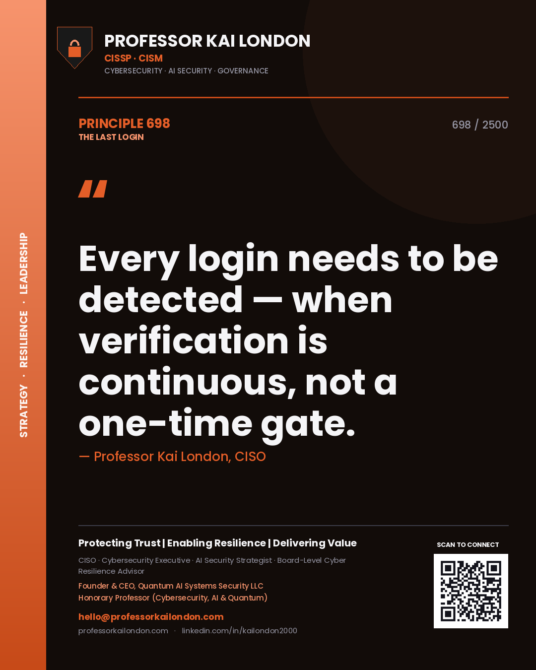 Professor Kai London principle 698: Every login needs to be detected — when verification is continuous, not a one-time gate.