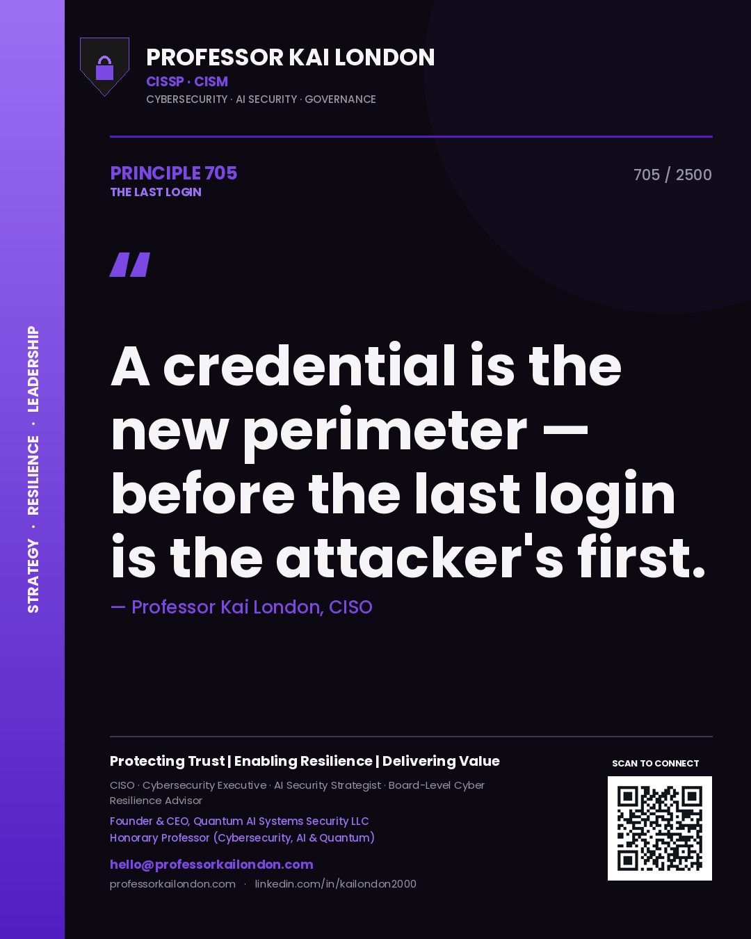 Professor Kai London principle 705: A credential is the new perimeter — before the last login is the attacker's first.