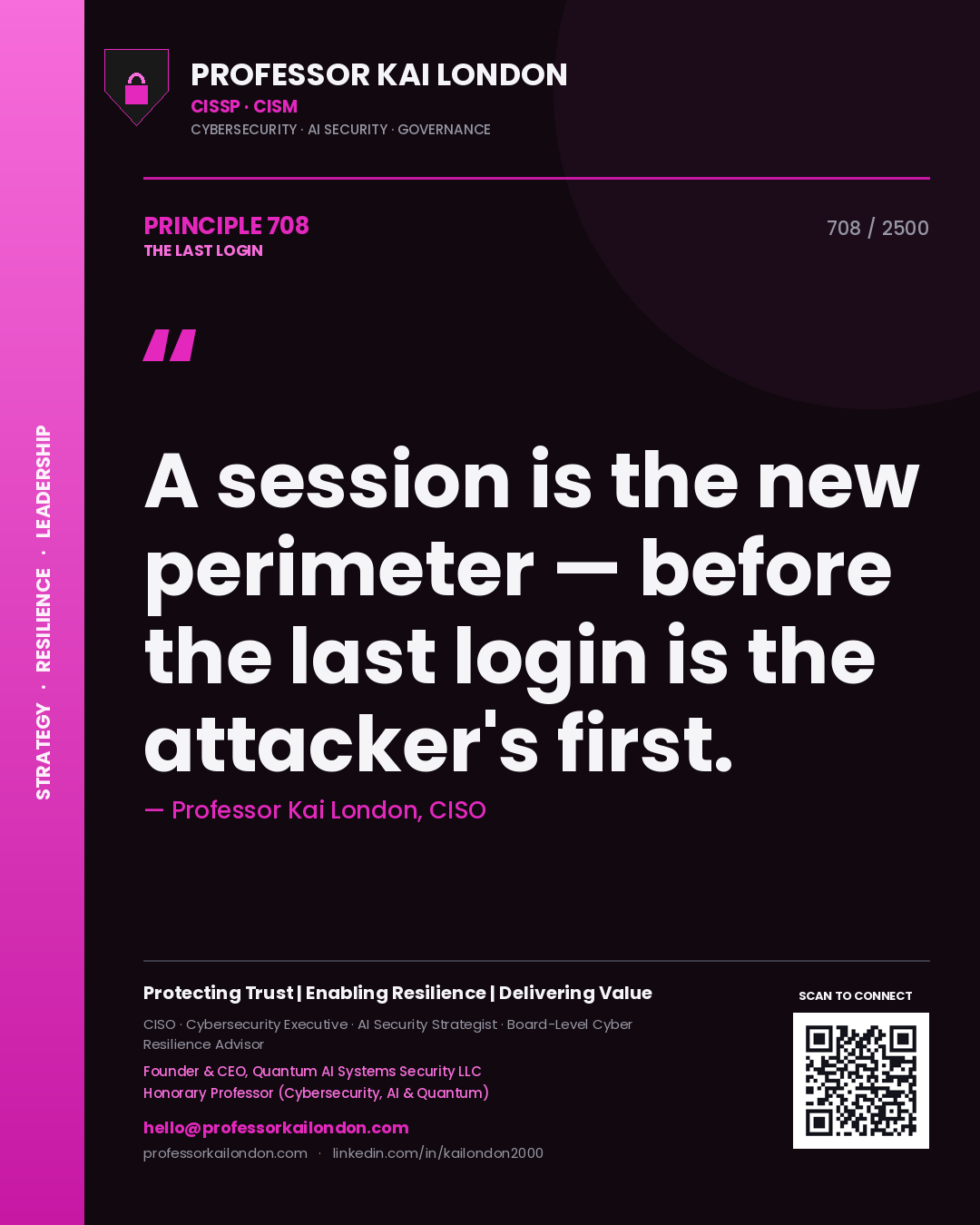 Quote card by Professor Kai London reading 'A session is the new perimeter — before the last login is the attacker's first.'. From the book The Last Login.