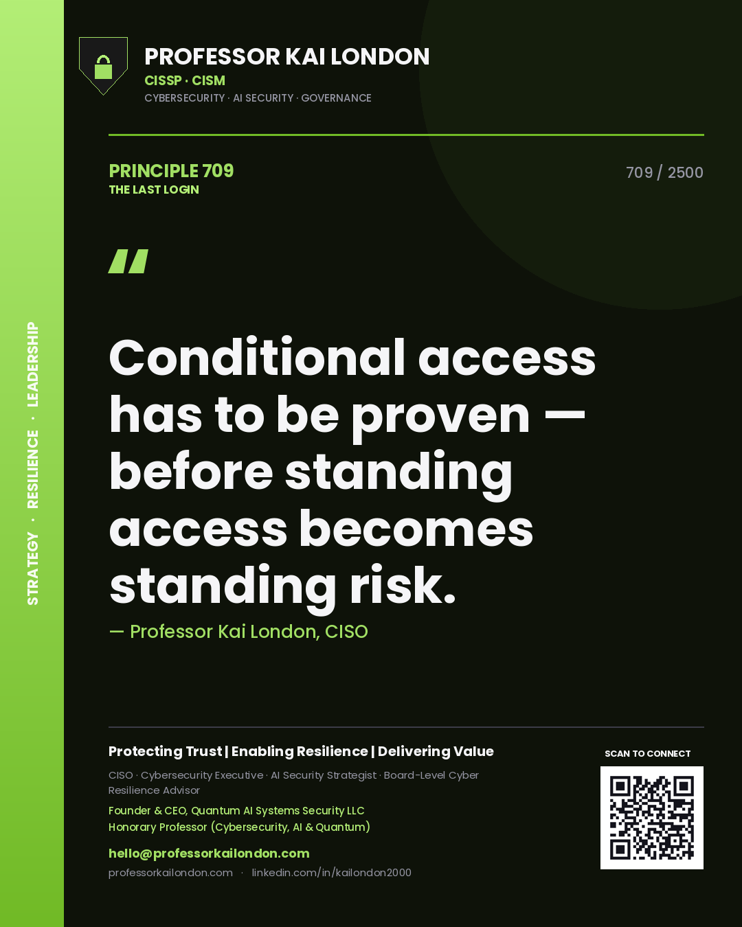 Professor Kai London principle 709: Conditional access has to be proven — before standing access becomes standing risk.