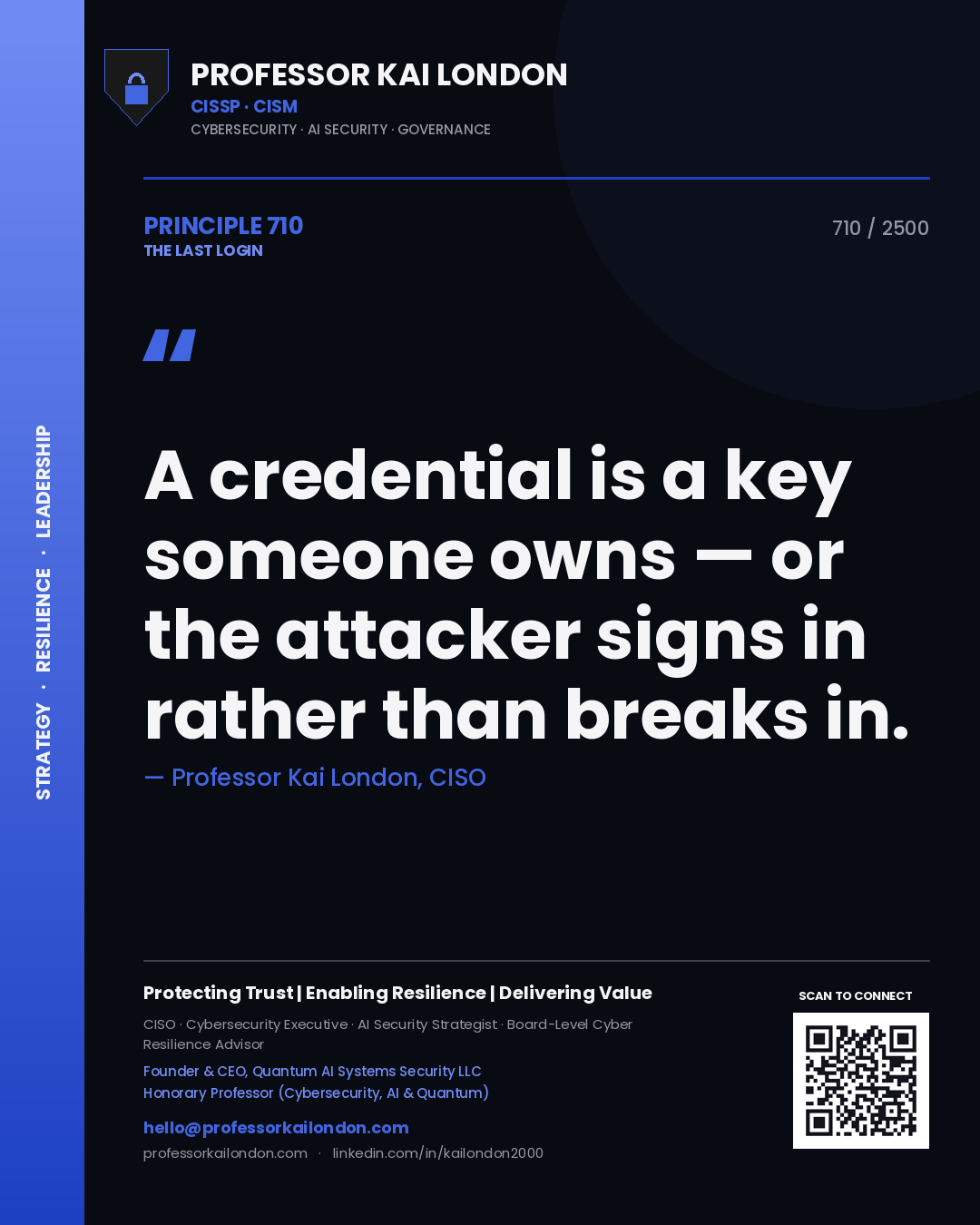 Professor Kai London principle 710: A credential is a key someone owns — or the attacker signs in rather than breaks in.