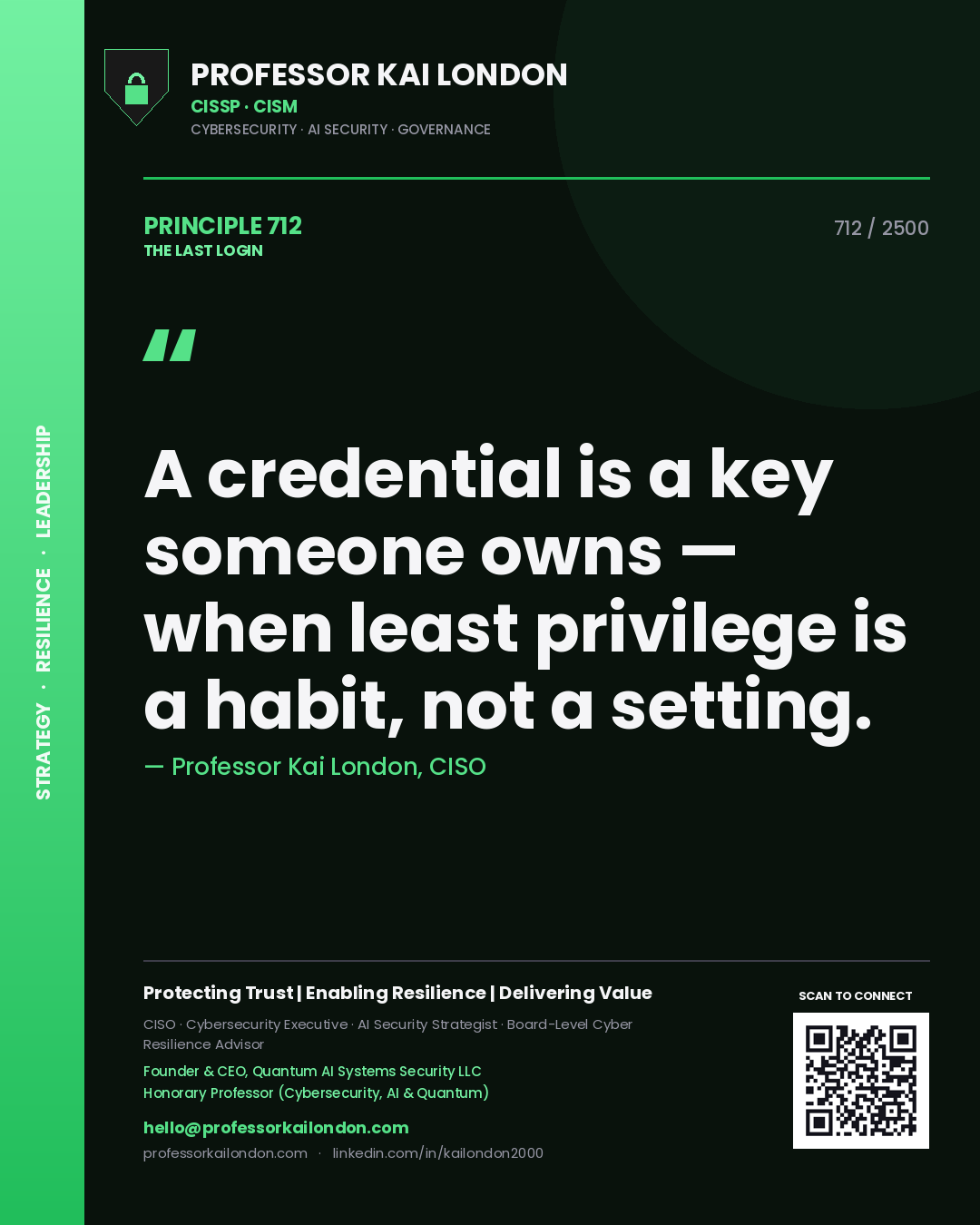 Professor Kai London principle 712: A credential is a key someone owns — when least privilege is a habit, not a setting.