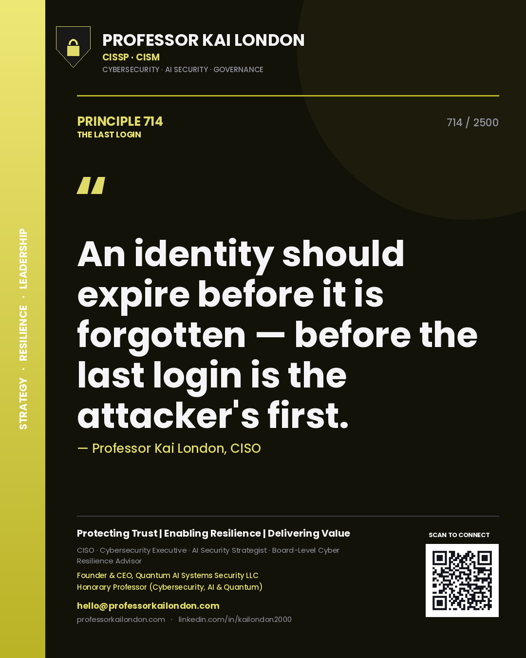 Professor Kai London principle 714: An identity should expire before it is forgotten — before the last login is the attacker's first.