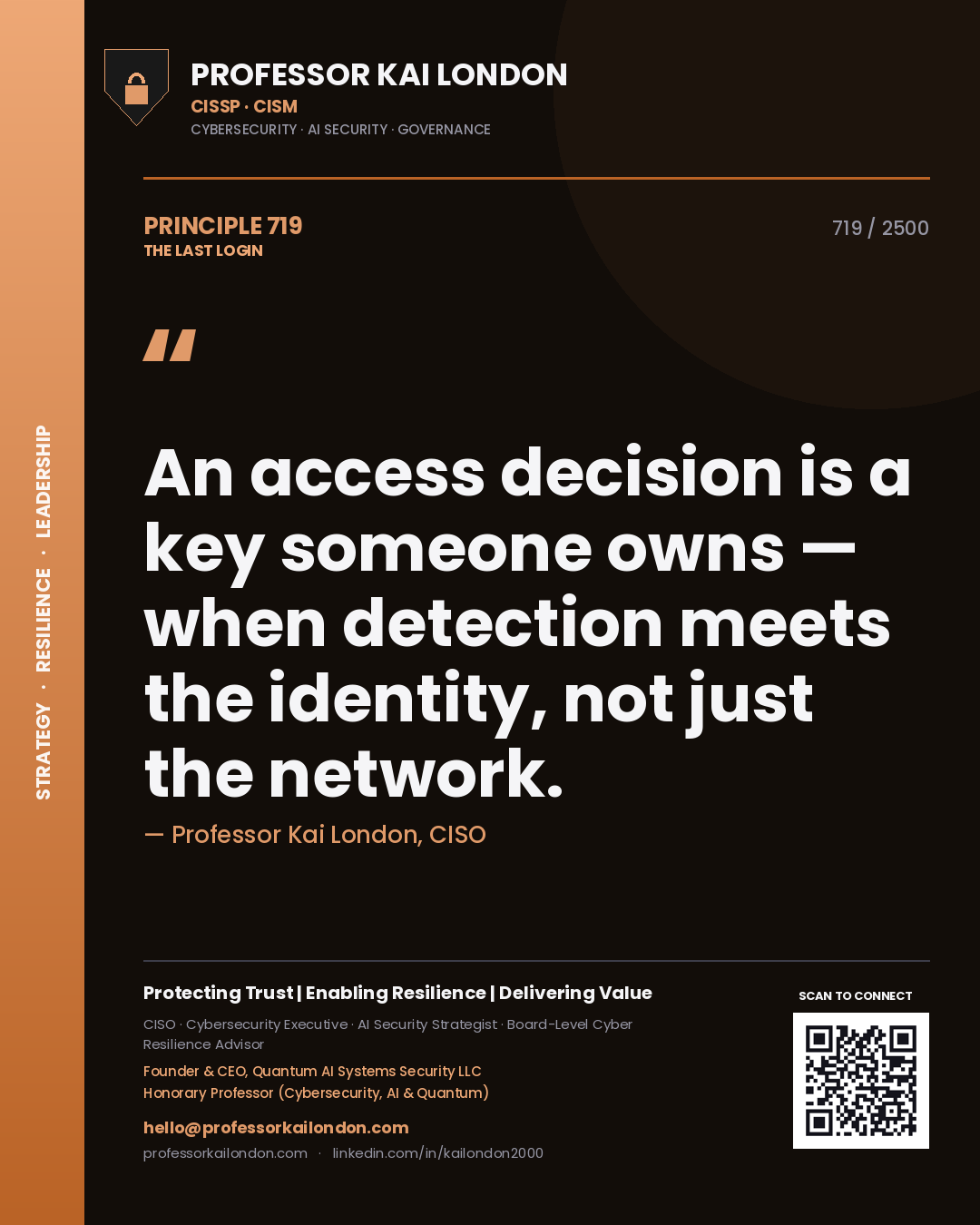 Professor Kai London principle 719: An access decision is a key someone owns — when detection meets the identity, not just the network.