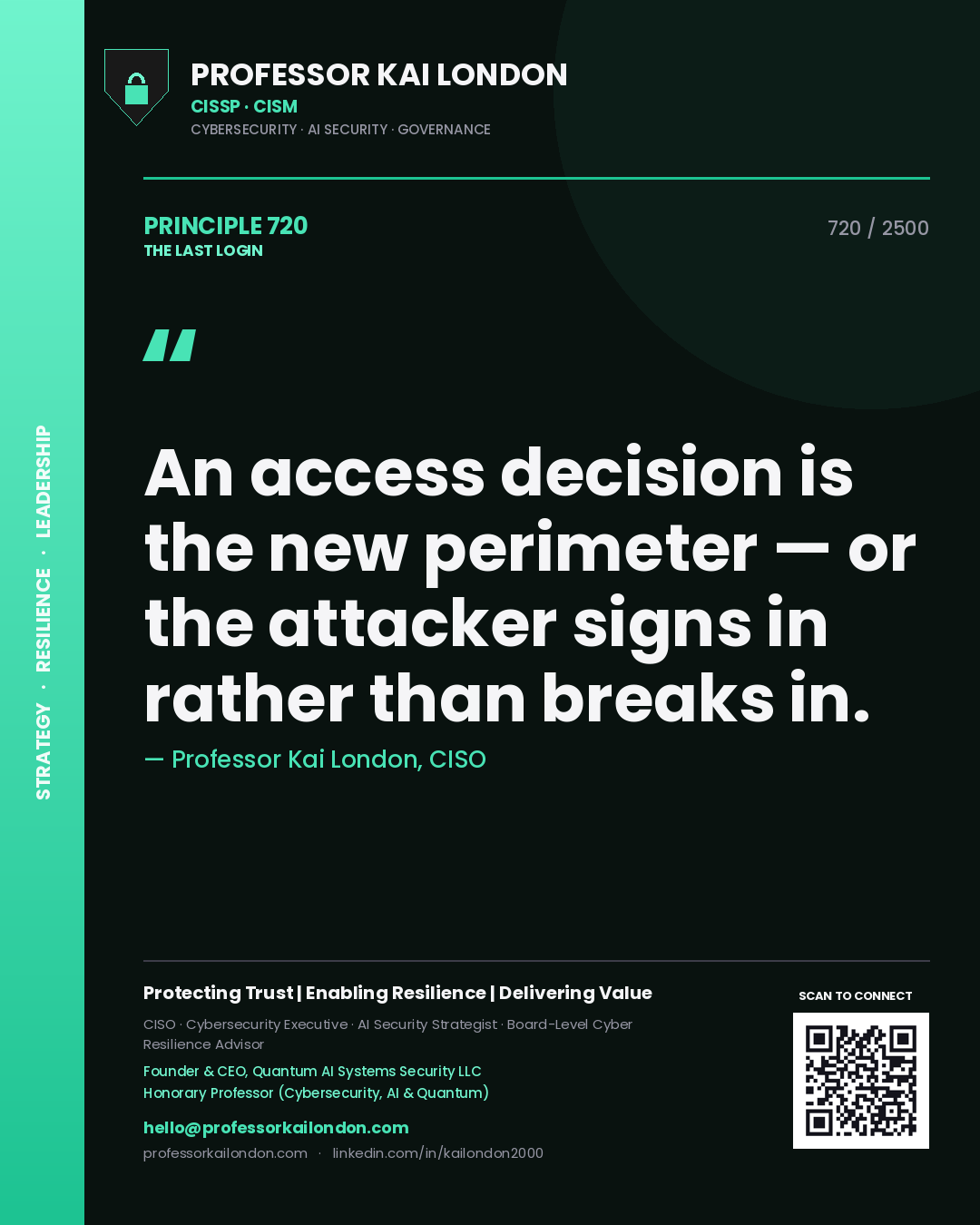Professor Kai London principle 720: An access decision is the new perimeter — or the attacker signs in rather than breaks in.
