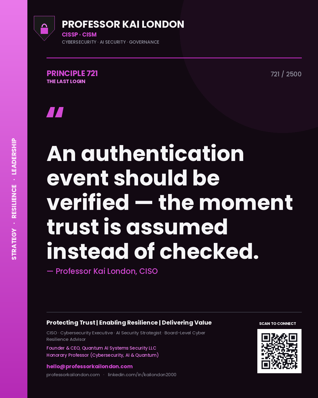 Quote card by Professor Kai London reading 'An authentication event should be verified — the moment trust is assumed instead of checked.'. From the book The Last Login.