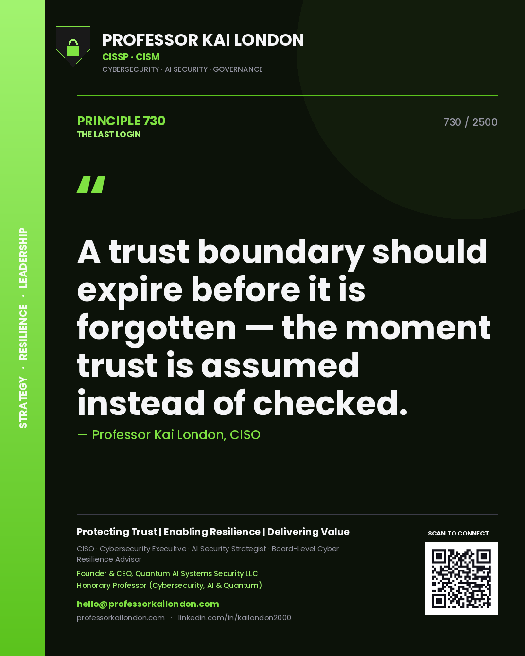 Professor Kai London principle 730: A trust boundary should expire before it is forgotten — the moment trust is assumed instead of checked.