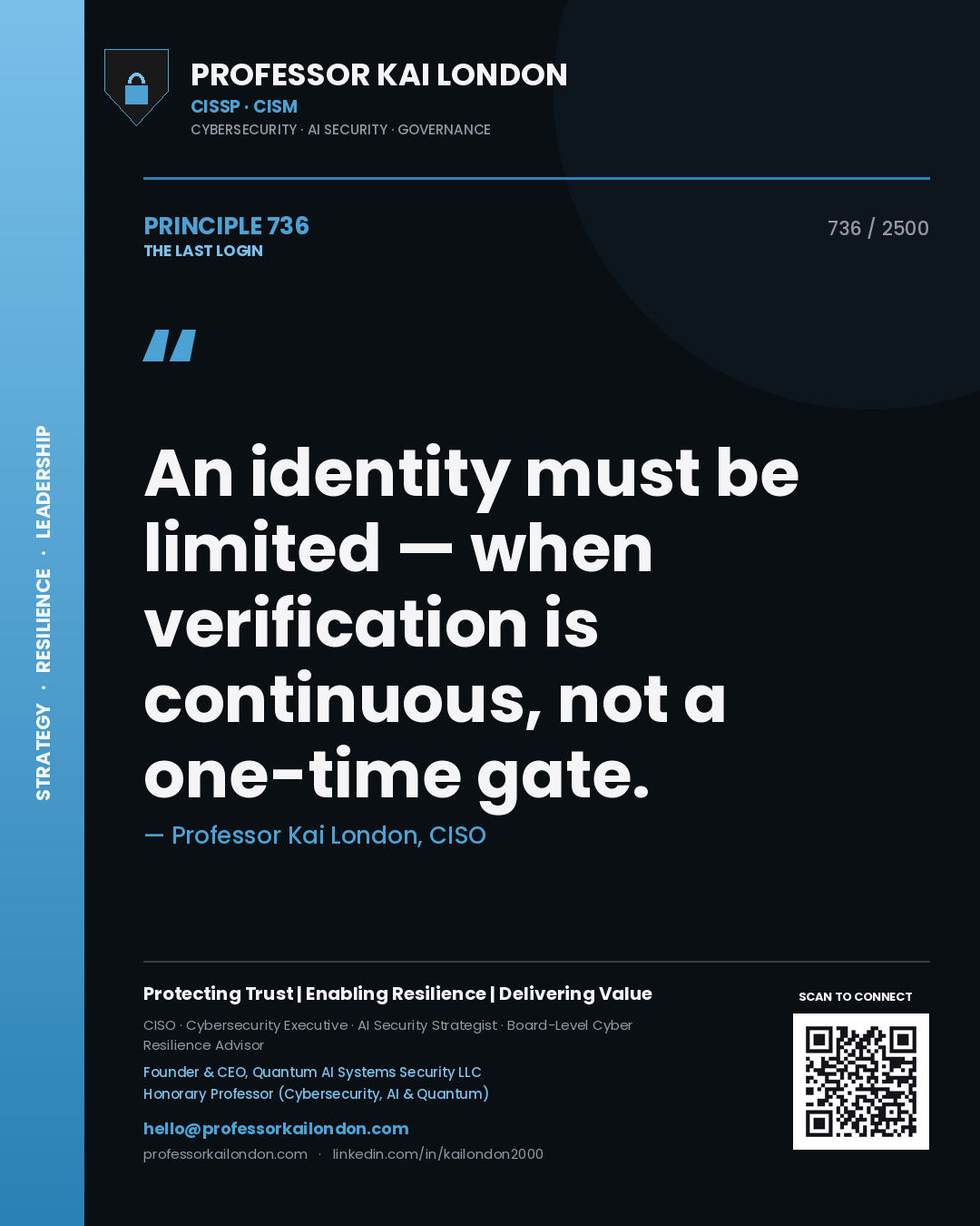 Professor Kai London principle 736: An identity must be limited — when verification is continuous, not a one-time gate.