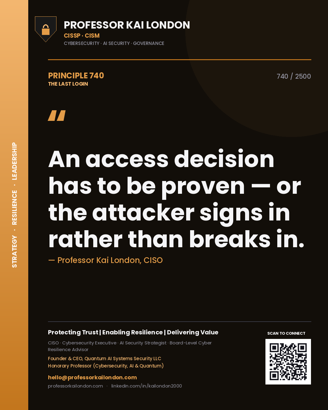 Professor Kai London principle 740: An access decision has to be proven — or the attacker signs in rather than breaks in.