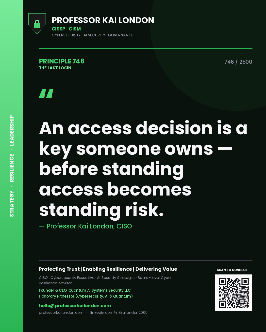 Professor Kai London principle 746: An access decision is a key someone owns — before standing access becomes standing risk.