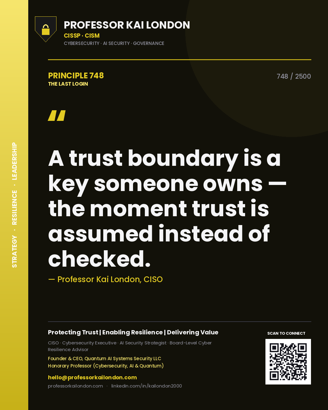 Professor Kai London principle 748: A trust boundary is a key someone owns — the moment trust is assumed instead of checked.