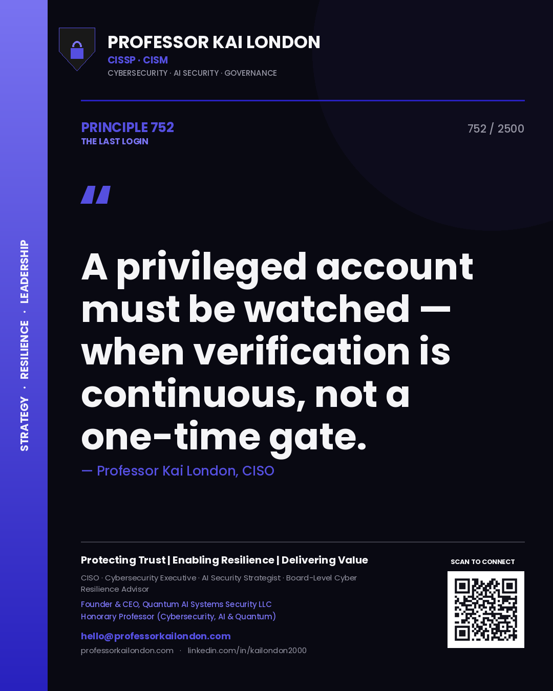 Professor Kai London principle 752: A privileged account must be watched — when verification is continuous, not a one-time gate.