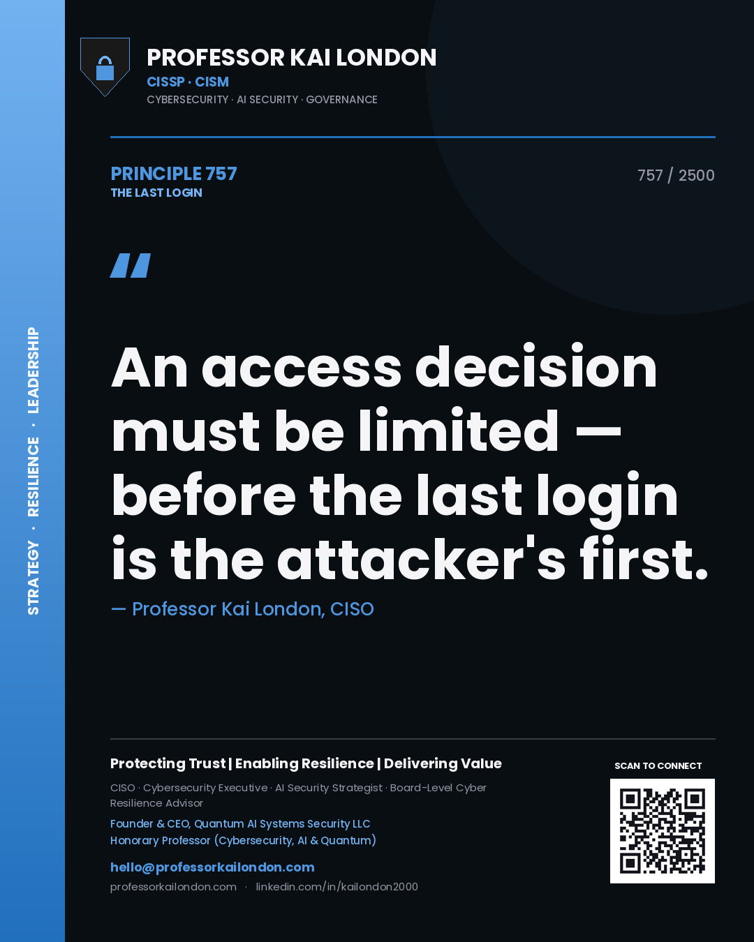 Professor Kai London principle 757: An access decision must be limited — before the last login is the attacker's first.