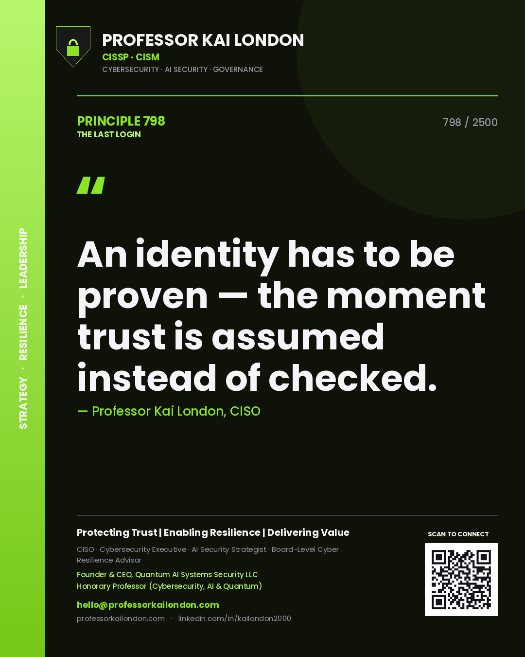 Professor Kai London principle 798: An identity has to be proven — the moment trust is assumed instead of checked.