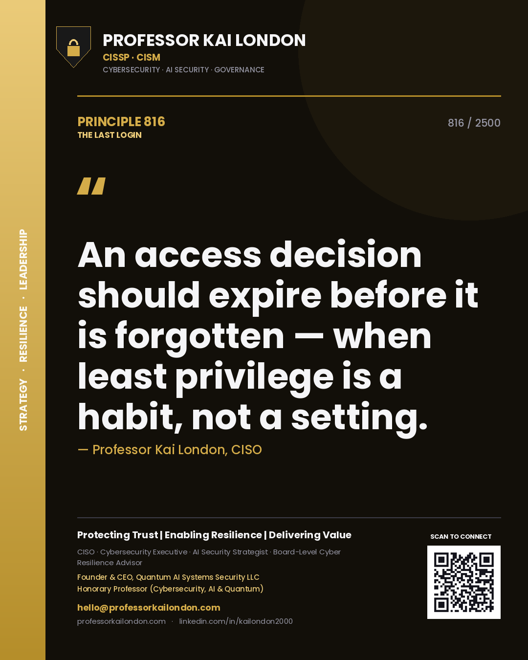 Professor Kai London principle 816: An access decision should expire before it is forgotten — when least privilege is a habit, not a setting.