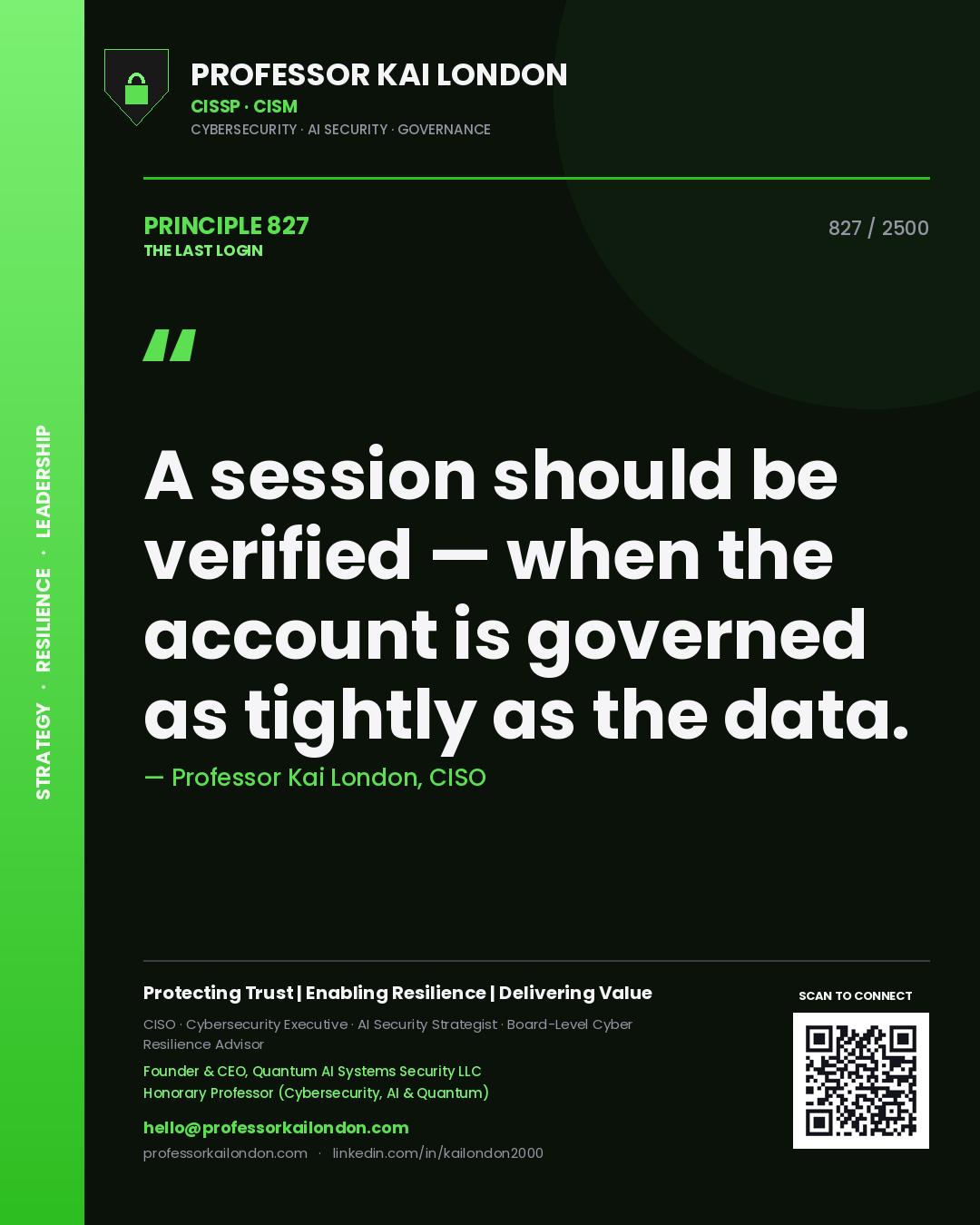 Professor Kai London principle 827: A session should be verified — when the account is governed as tightly as the data.