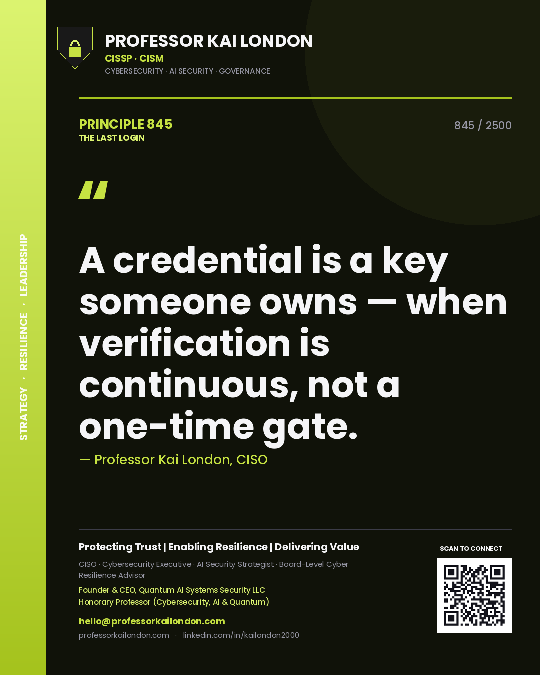 Professor Kai London principle 845: A credential is a key someone owns — when verification is continuous, not a one-time gate.