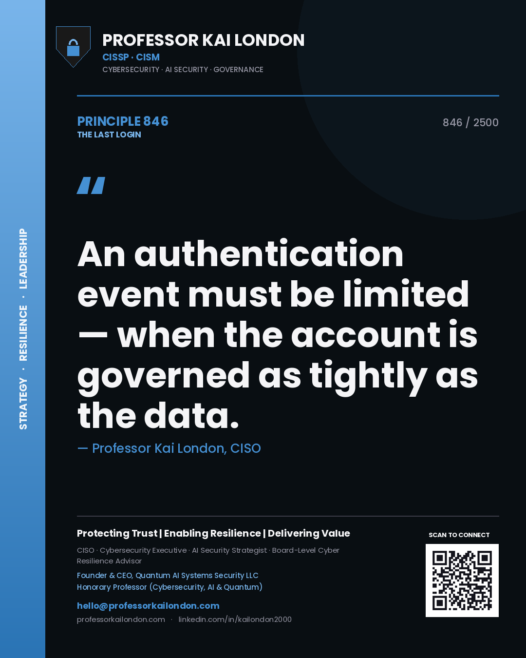 Professor Kai London principle 846: An authentication event must be limited — when the account is governed as tightly as the data.
