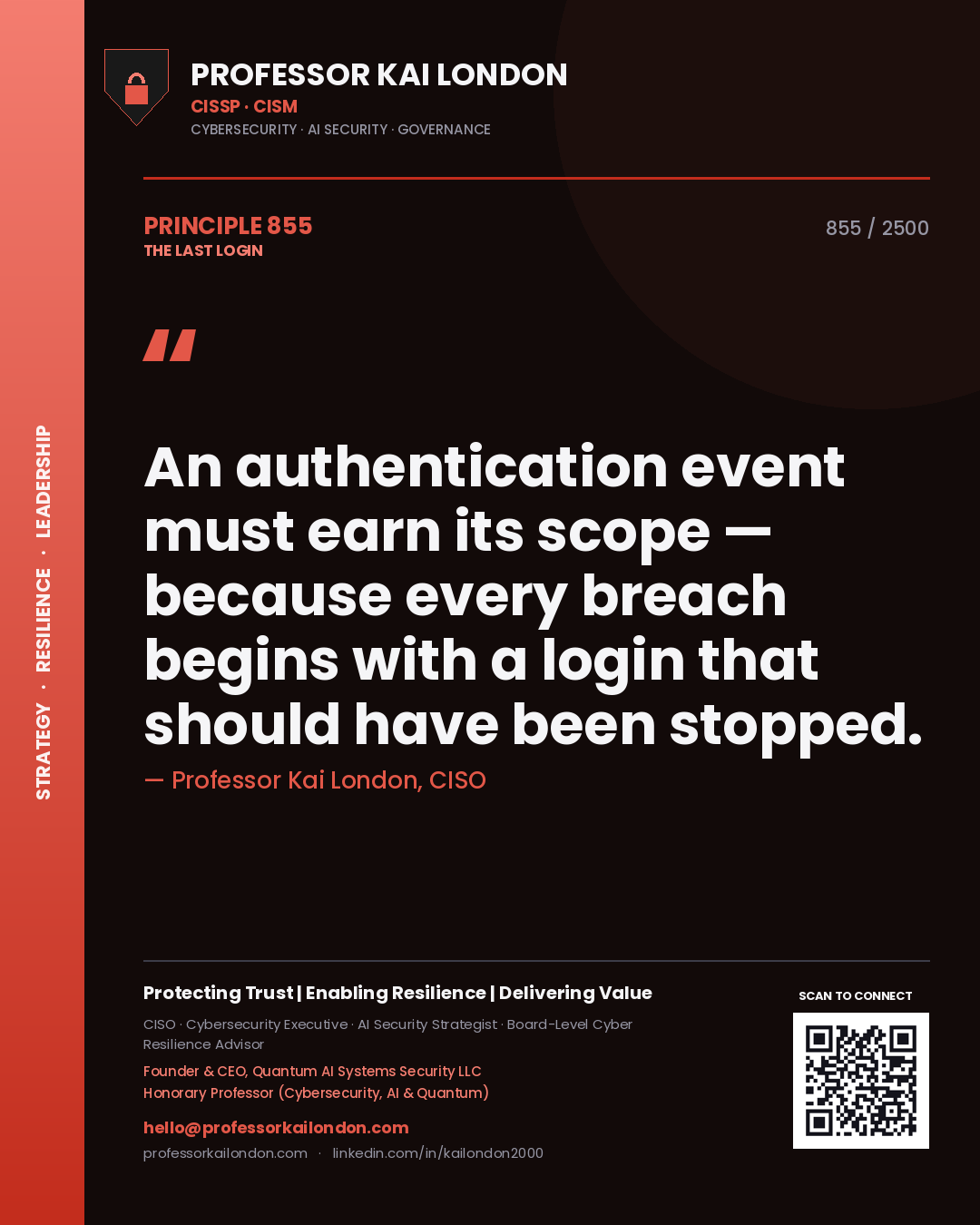 Professor Kai London principle 855: An authentication event must earn its scope — because every breach begins with a login that should have been stopped.