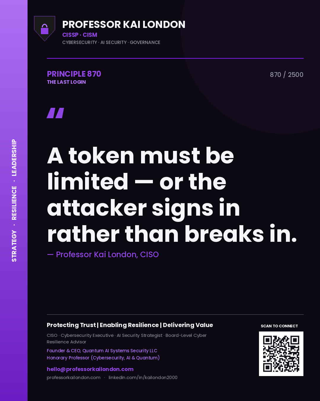 Professor Kai London principle 870: A token must be limited — or the attacker signs in rather than breaks in.