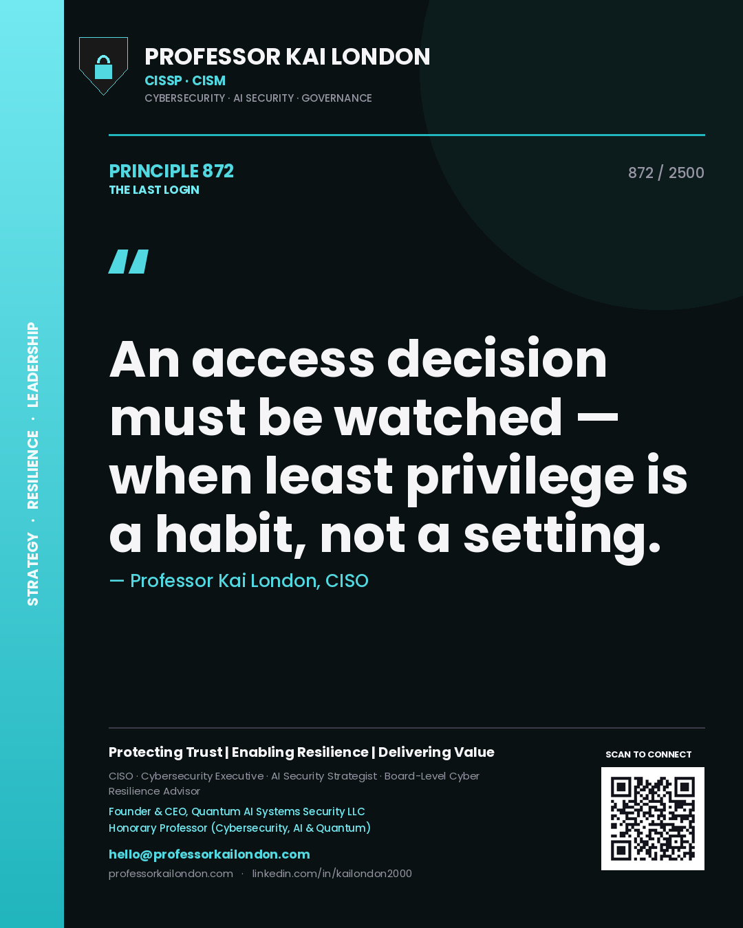 Professor Kai London principle 872: An access decision must be watched — when least privilege is a habit, not a setting.