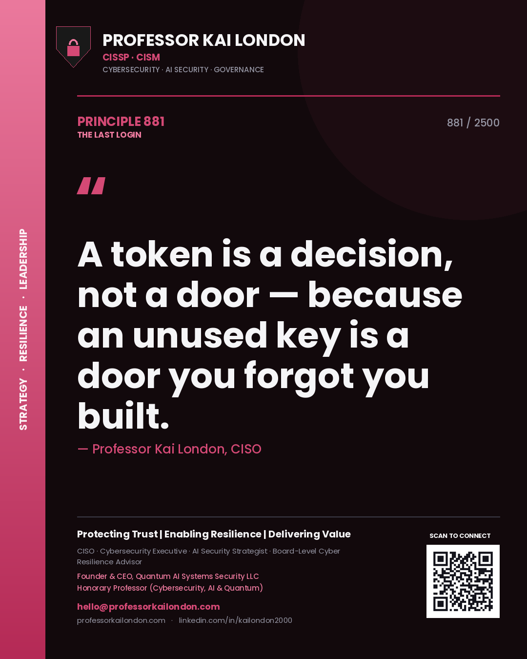 Professor Kai London principle 881: A token is a decision, not a door — because an unused key is a door you forgot you built.