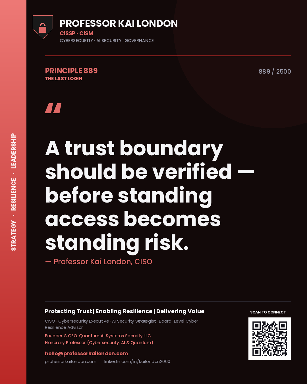 Professor Kai London principle 889: A trust boundary should be verified — before standing access becomes standing risk.