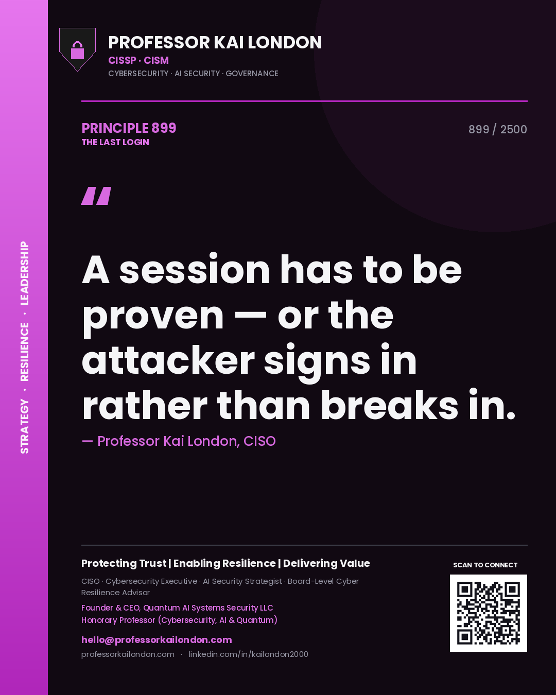 Professor Kai London principle 899: A session has to be proven — or the attacker signs in rather than breaks in.