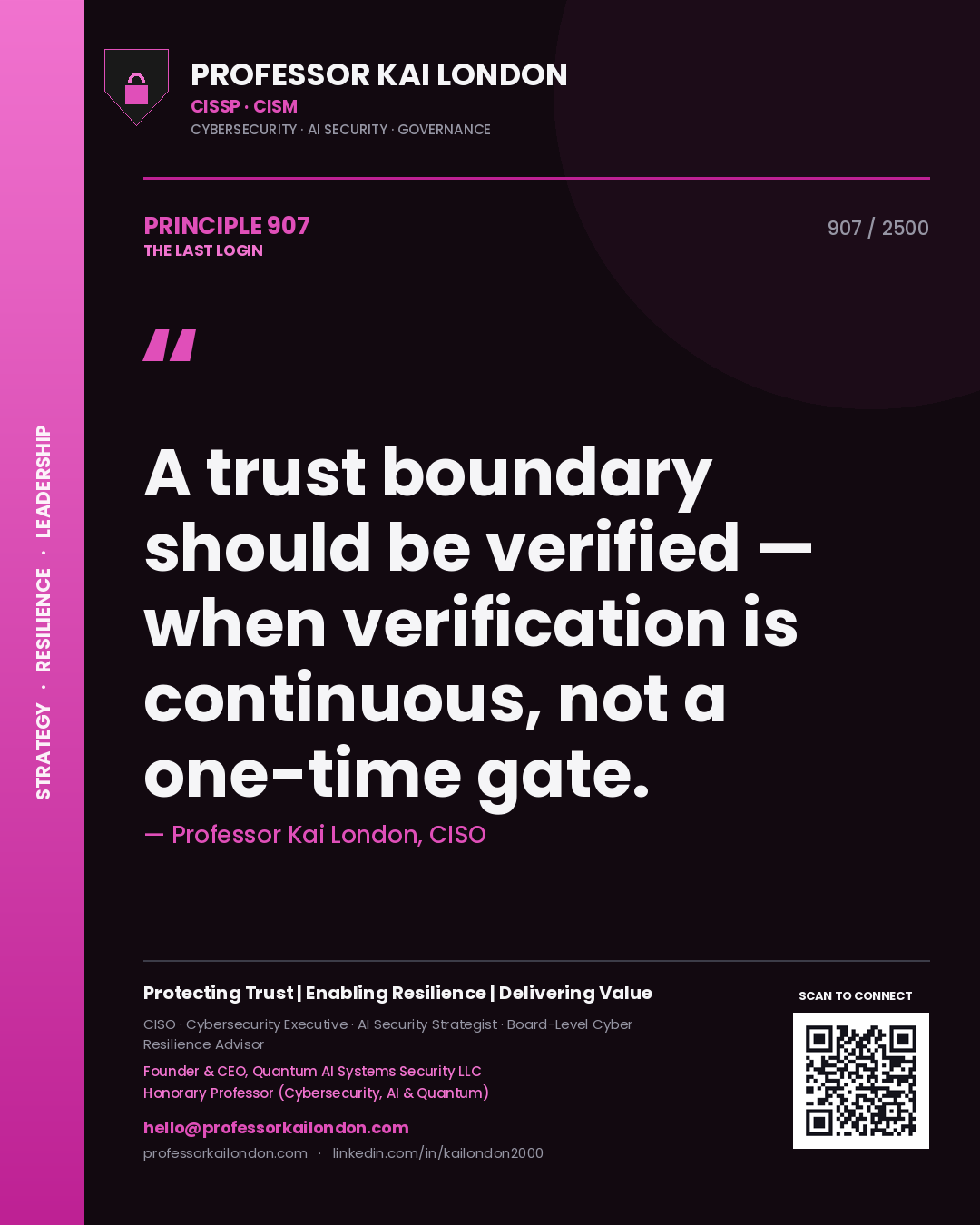 Professor Kai London principle 907: A trust boundary should be verified — when verification is continuous, not a one-time gate.