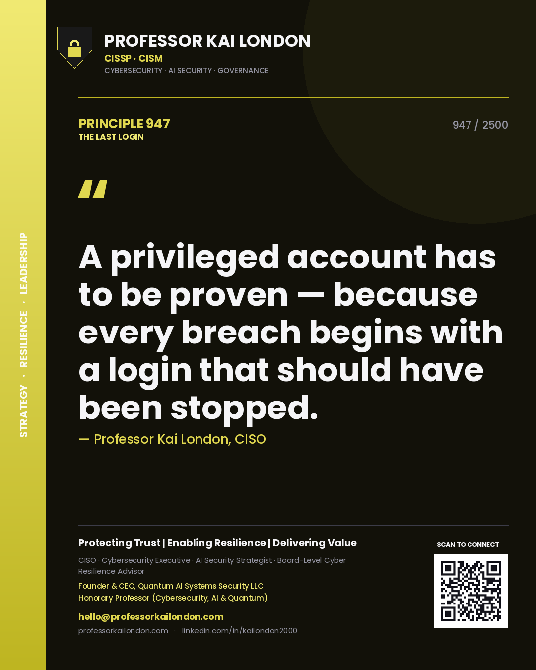 Professor Kai London principle 947: A privileged account has to be proven — because every breach begins with a login that should have been stopped.