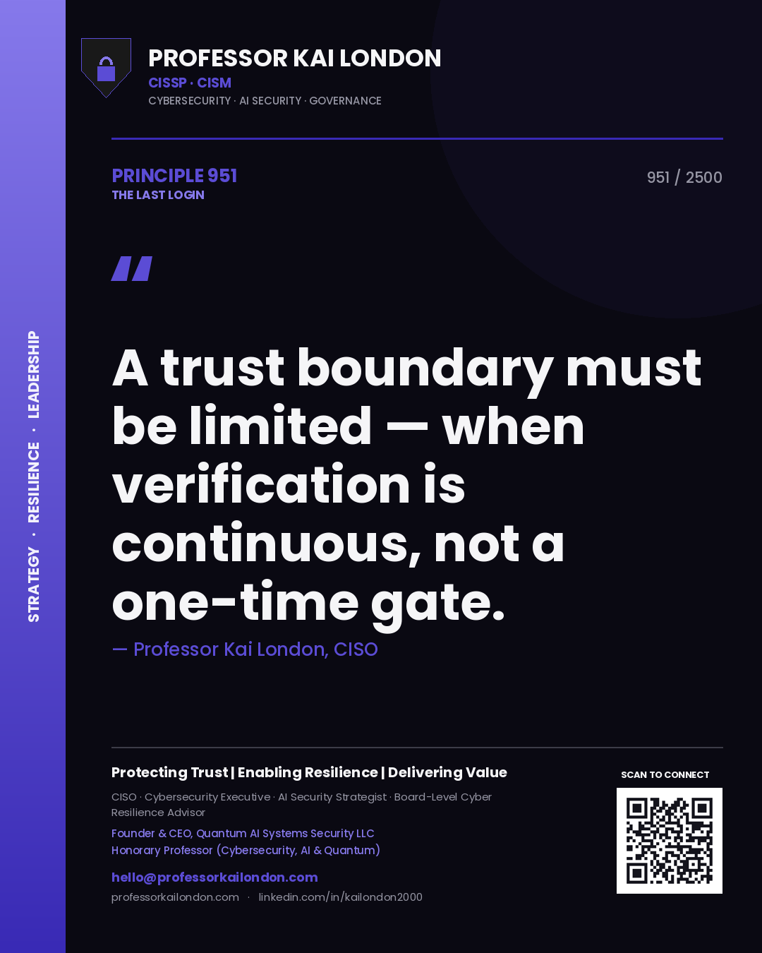 Professor Kai London principle 951: A trust boundary must be limited — when verification is continuous, not a one-time gate.